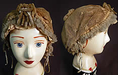 Victorian Cream Tulle Net Lace Blue Silk Chenille Trim Bed Cap Bonnet Hat
