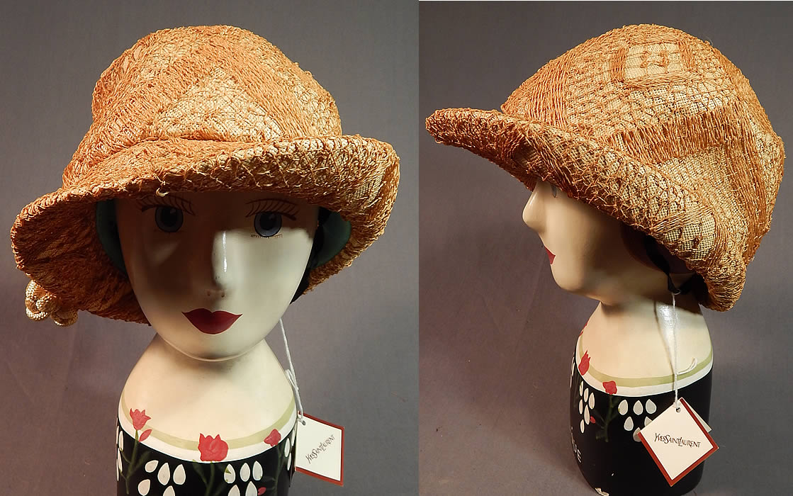 Vintage Yves Saint Laurent YSL Designer Label Macrame Woven Natural Straw Cloche Hat NWT
This sensational straw hat has a cloche style, with an upturned rolled wide brim on one side, a cream silk braided rope knotted end tassel trim hanging down and is unlined with a black elastic strap inside.