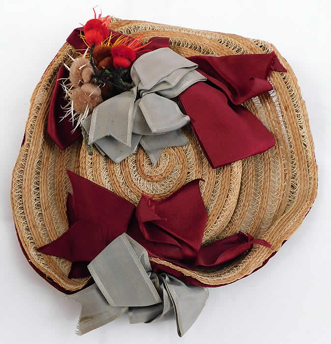 Victorian Womens Natural Straw Pork Pie Wide Brim Bonnet Hat Ribbon Thistle Trim
This antique Victorian era womens natural straw pork pie wide brim bonnet hat ribbon thistle trim dates from 1865. 