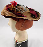 Victorian Womens Natural Straw Pork Pie Wide Brim Bonnet Hat Ribbon Thistle Trim
