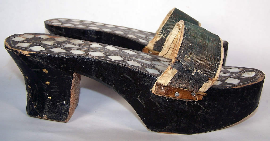 Antique Egyptian Mother of Pearl Carved Wood Mule Shoes Front view.