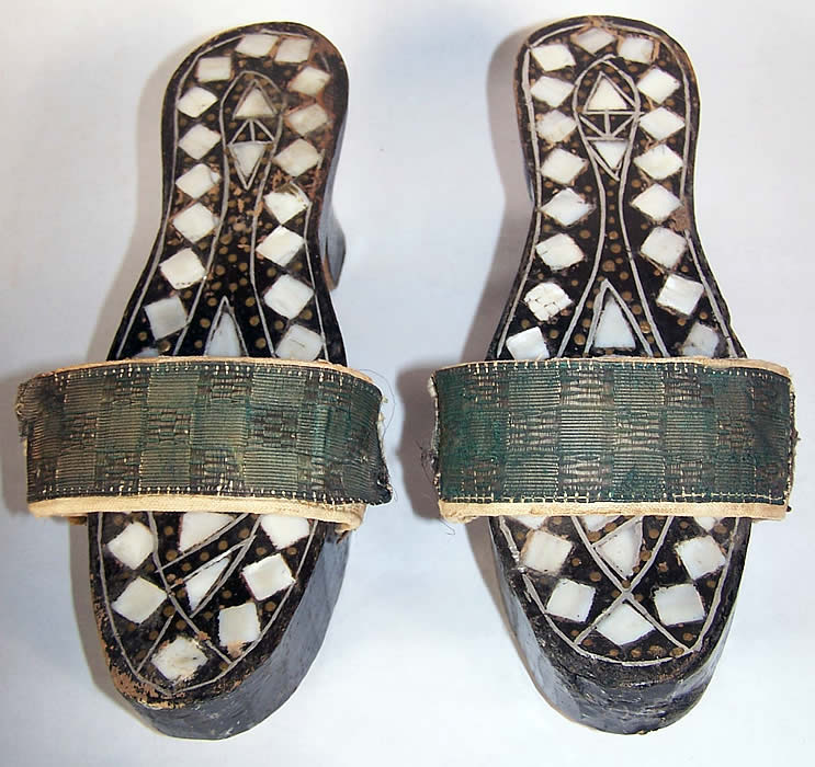 Antique Egyptian Mother of Pearl Carved Wood Mule Shoes  side view.