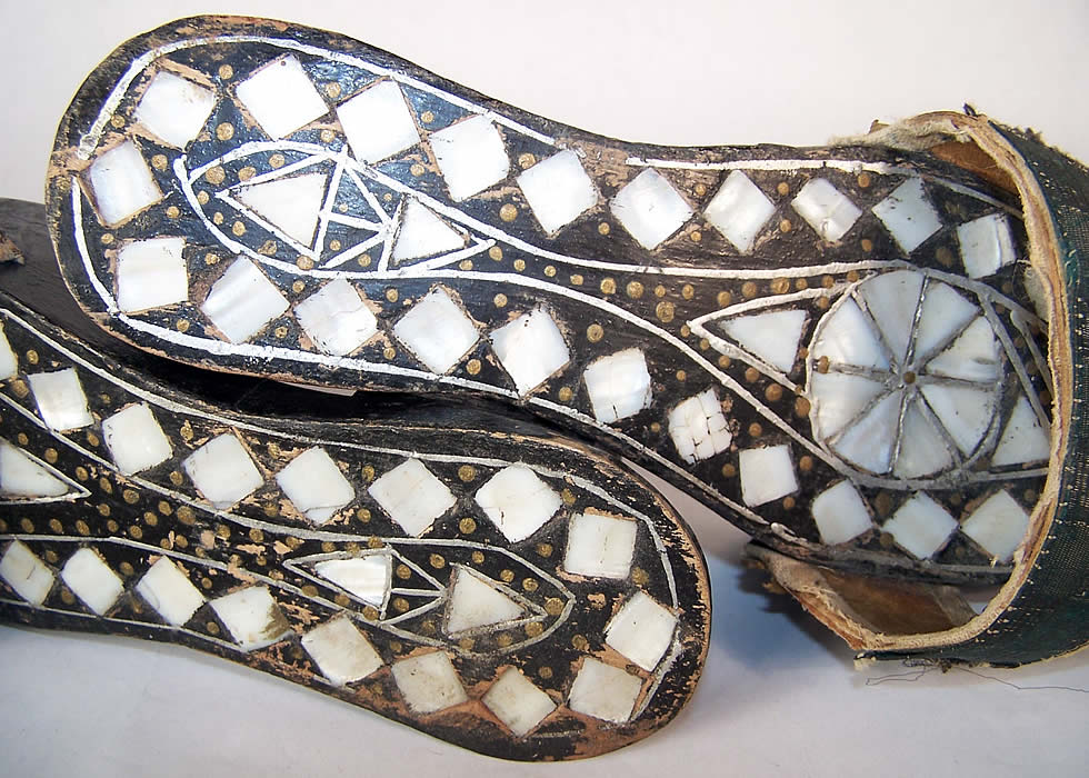 Antique Egyptian Mother of Pearl Carved Wood Mule Shoes  Close up.