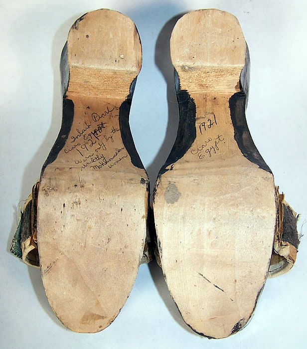Antique Egyptian Mother of Pearl Carved Wood Mule Shoes  Close up.