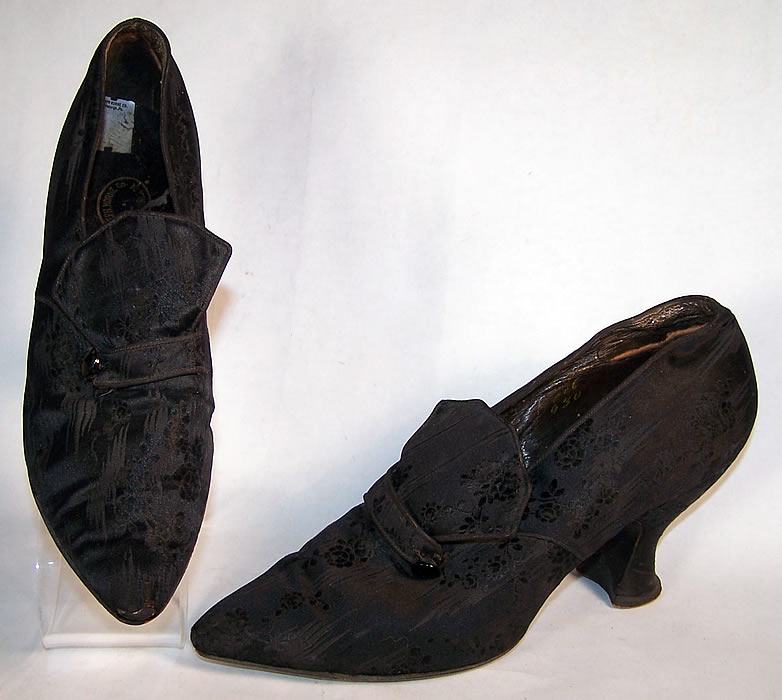 Joseph Horne Co. Edwardian Black Silk Damask Shoes Front view.