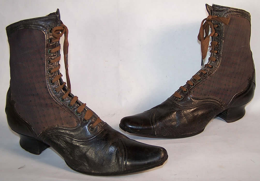 Victorian Red Silk Brocade Pointed Toe High Top Boots   Front view.