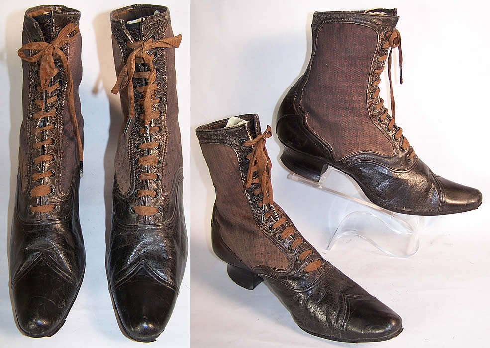 Victorian Red Silk Brocade Pointed Toe High Top Boots front & side view.