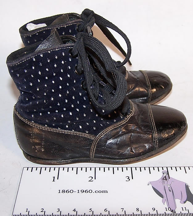 Victorian Blue Velvet White Dot Baby Boots Child Shoes Side view.