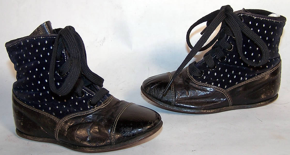 Victorian Blue Velvet White Dot Baby Boots Child Shoes Close up.