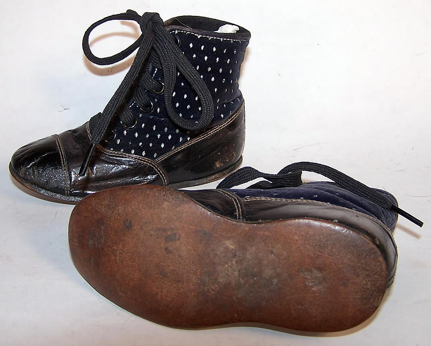  Victorian Blue Velvet White Dot Baby Boots Child Shoes Close up.
