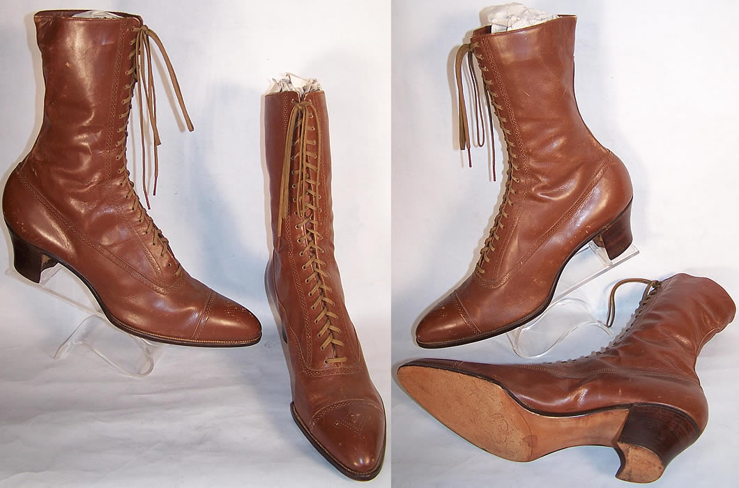 Victorian Jordan Marsh Co. Brown Leather High Top Boots   Front view.