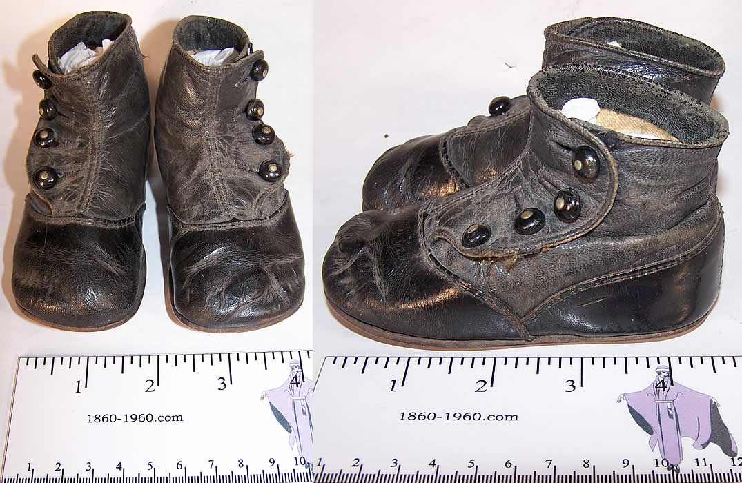 Victorian Black Leather High Button Infant Baby Boots Shoes Front view.
