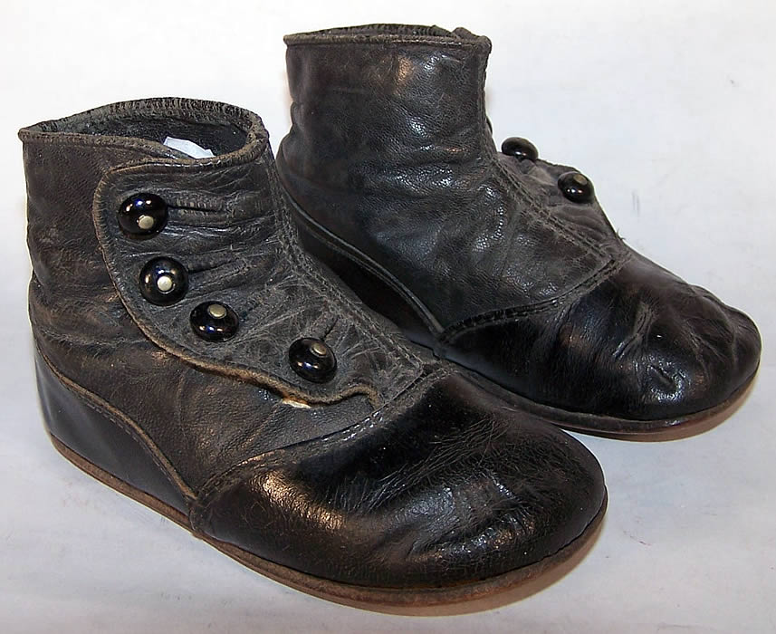 Victorian Black Leather High Button Infant Baby Boots Shoes Side View.