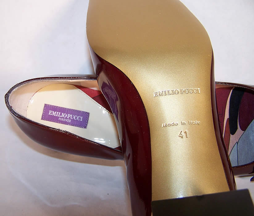 Unworn Emilio Pucci Patent Wine Two Tone Shoes Close up.
