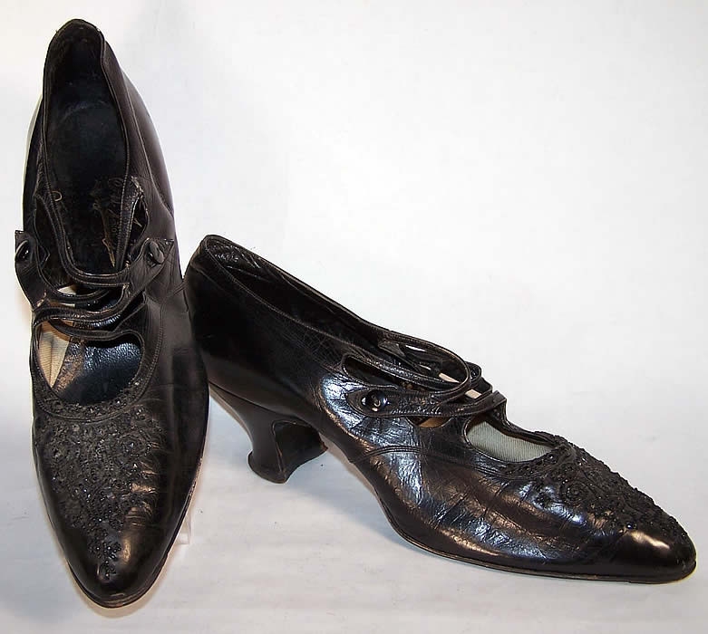 Victorian Black Leather Jet Beaded Button Strap Shoes Front view.
