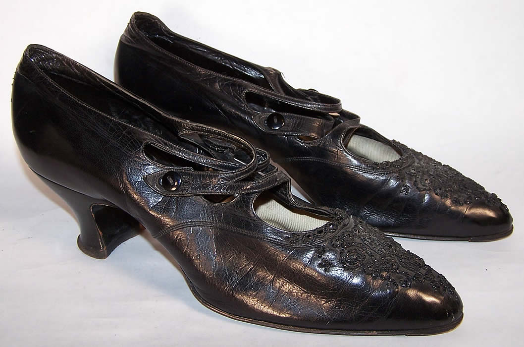 Victorian Black Leather Jet Beaded Button Strap Shoes Side View.