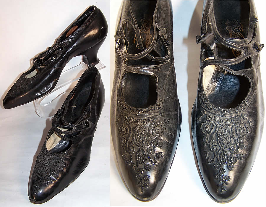Victorian Black Leather Jet Beaded Button Strap Shoes front view.