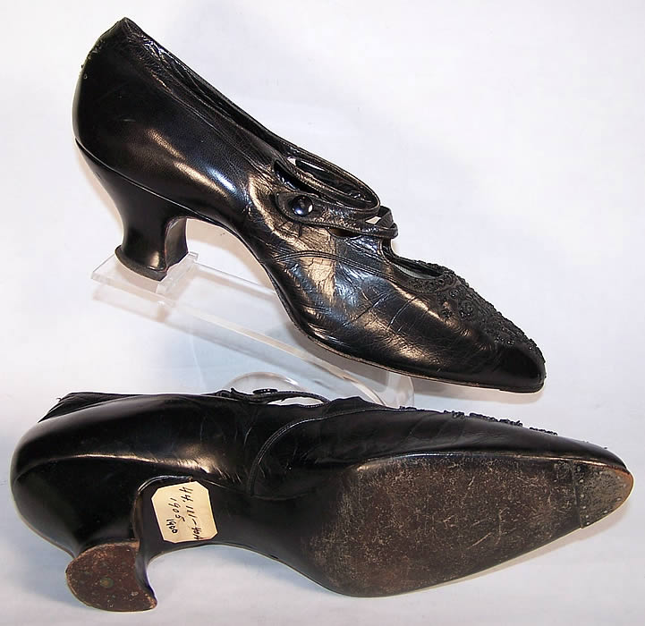 Victorian Black Leather Jet Beaded Button Strap Shoes side view