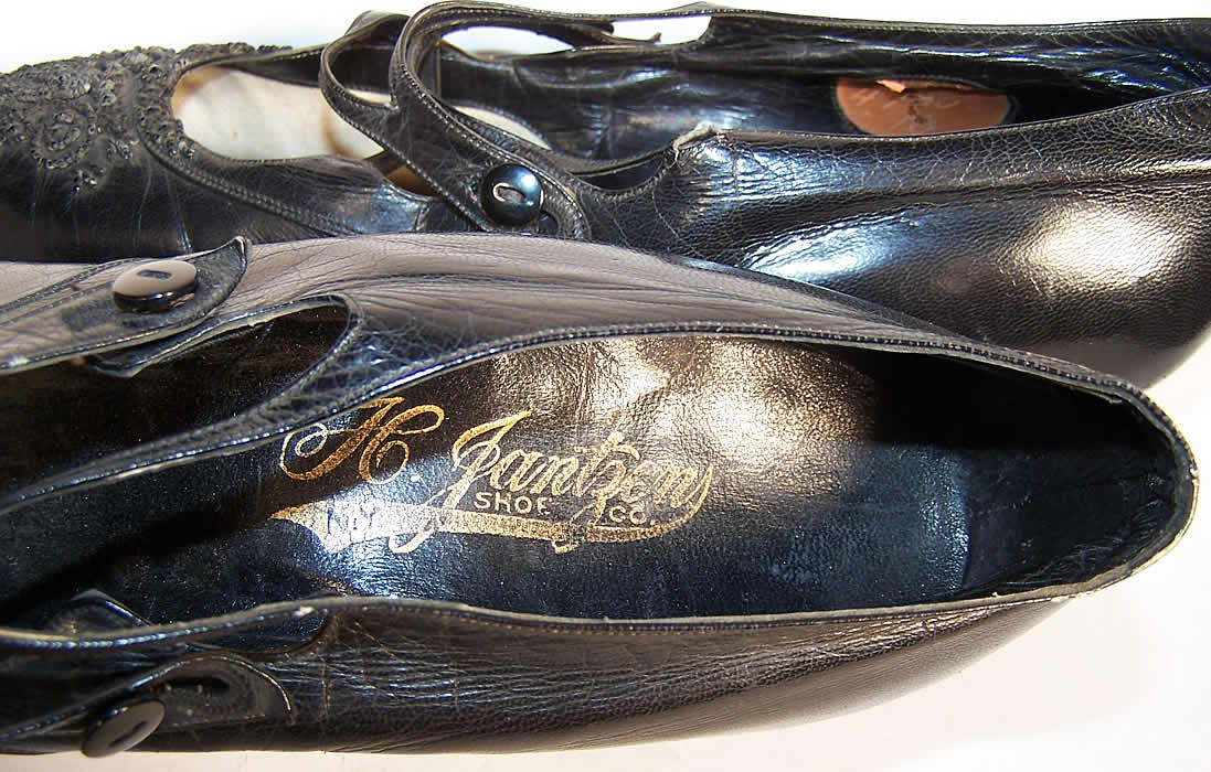 Victorian Black Leather Jet Beaded Button Strap Shoes Close up.