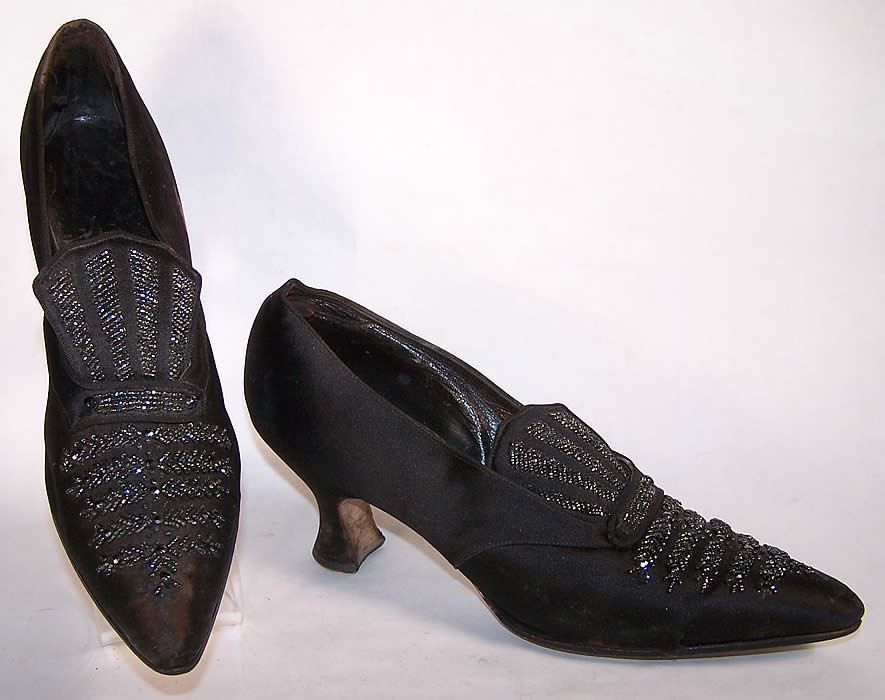 Titanic Edwardian Black Silk Satin Jet Beaded Shoes Front view.
