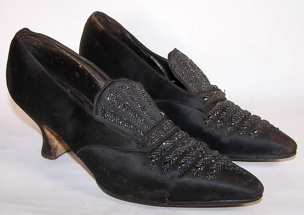 Titanic Edwardian Black Silk Satin Jet Beaded Shoes Side View.