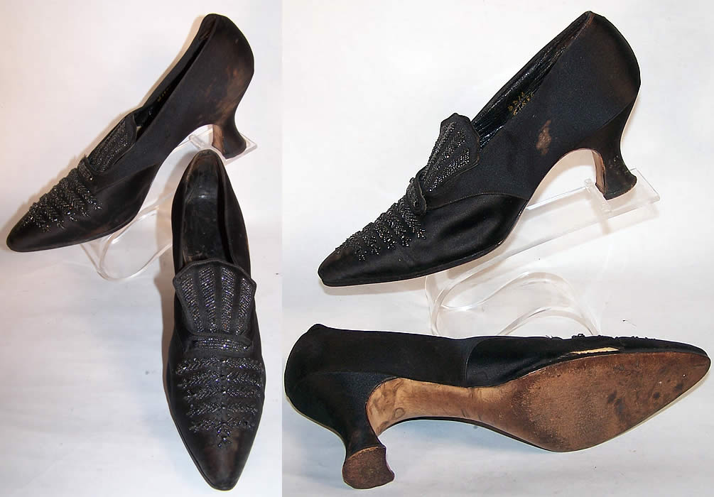 Titanic Edwardian Black Silk Satin Jet Beaded Shoes side view.