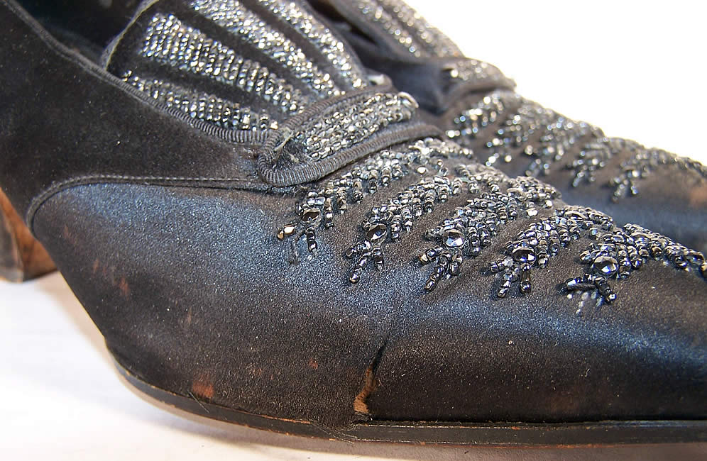 Titanic Edwardian Black Silk Satin Jet Beaded Shoes Close up.