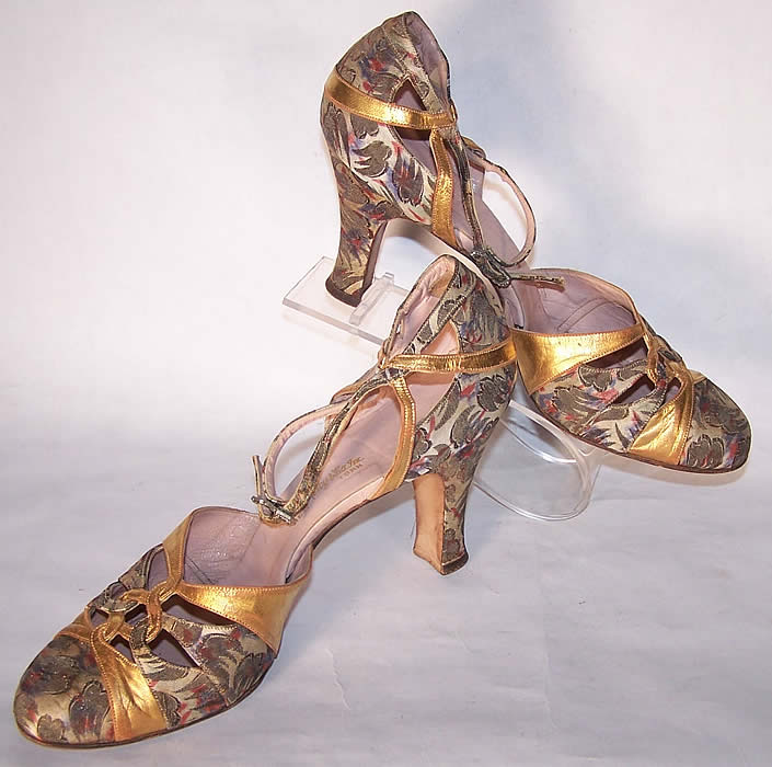 Art Deco Gold Metallic Silver Lam&eacute; Flapper Shoes  side view.