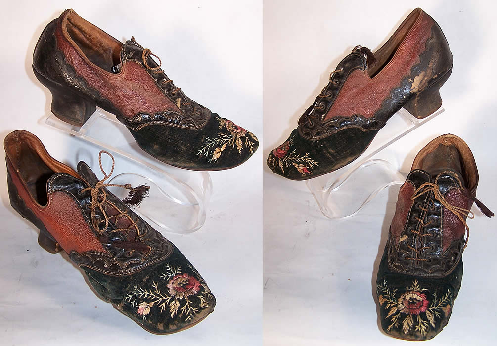 Victorian Red & Black Embroidered Velvet Leather Shoes Front view.
