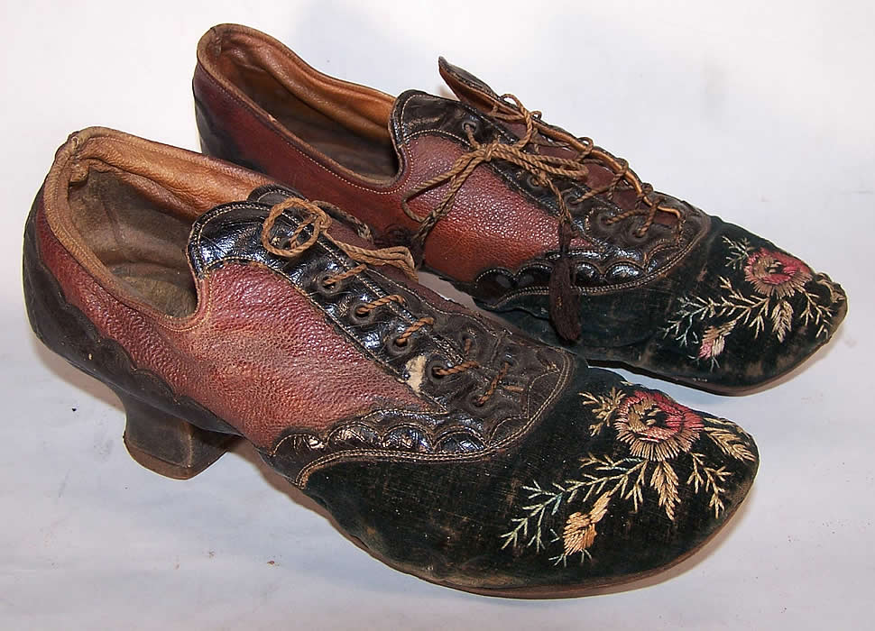 Victorian Red & Black Embroidered Velvet Leather Shoes side View.