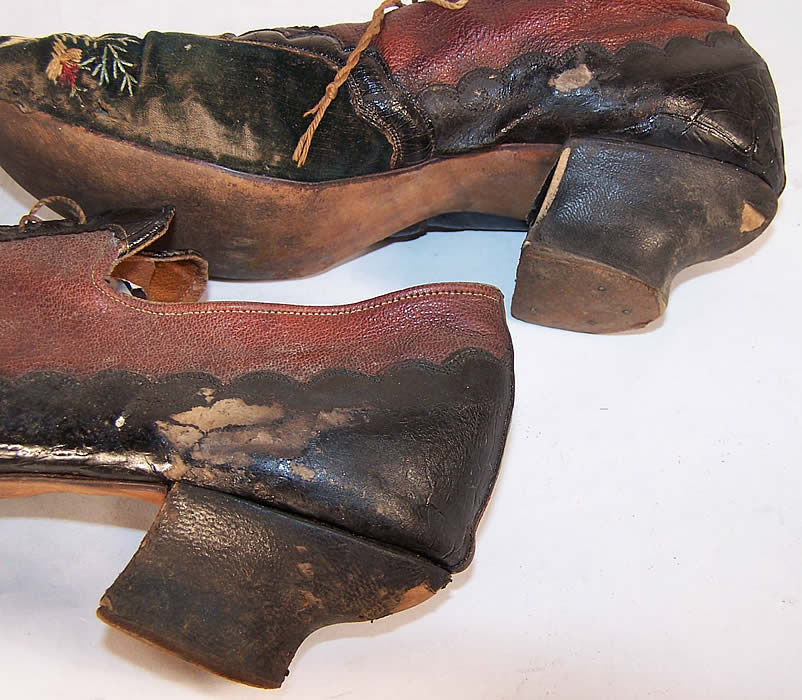 Victorian Red & Black Embroidered Velvet Leather Shoes  Close up.