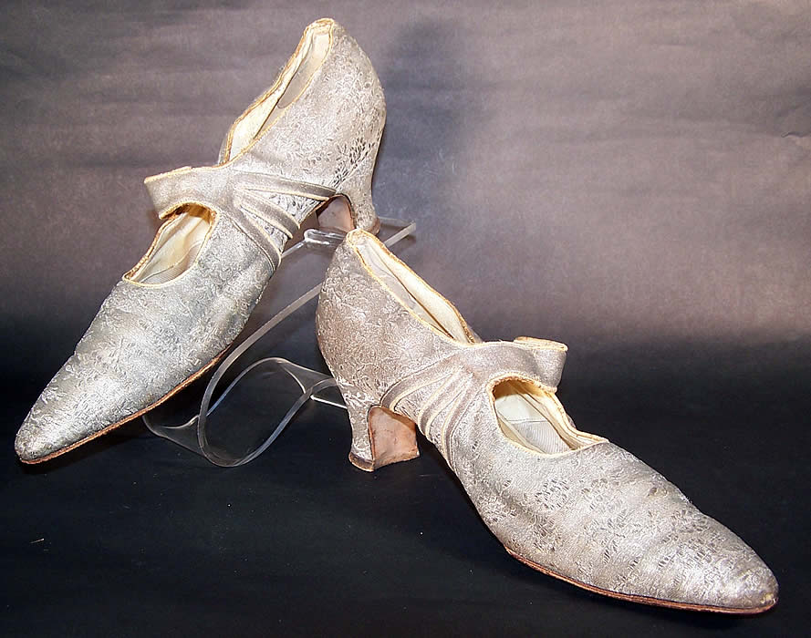 Art Deco Silver Lamé Brocade Mary Jane Button Strap Shoes Front view.