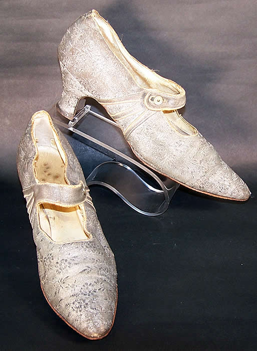 Art Deco Silver Lam&eacute; Brocade Mary Jane Button Strap Shoes front side view.