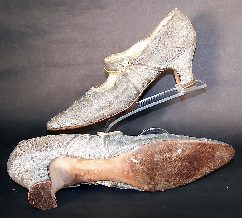 Art Deco Silver Lam&eacute; Brocade Mary Jane Button Strap Shoes Close up.