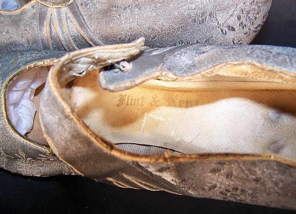 Art Deco Silver Lam&eacute; Brocade Mary Jane Button Strap Shoes Close up.