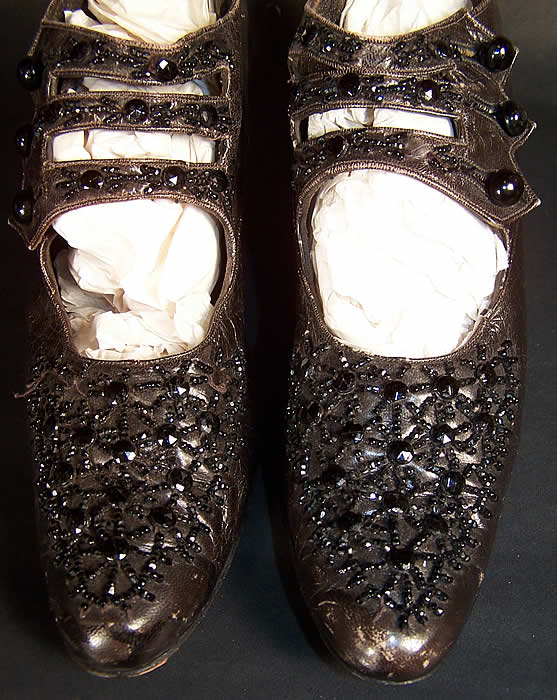 Edwardian Black Leather Jet Beaded Button Strap Evening Shoes close-up view.