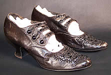 Edwardian Black Leather Jet Beaded Button Strap Evening Shoes 
