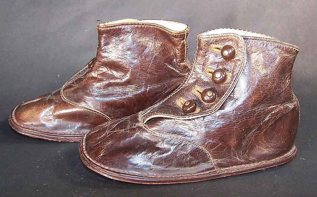 Edwardian Dark Brown Leather High Button Child Baby Boots Shoes side view.