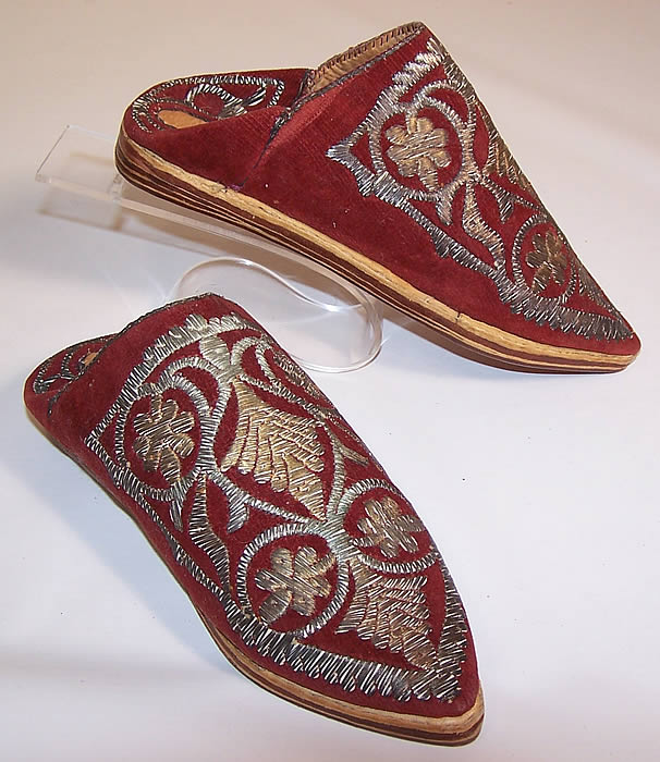 Vintage Morocco Ladies Mules Cherbil Metal Embroidery Velvet Slipper Shoes