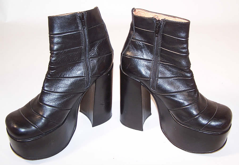 Vintage El Dantes Pleated Black Leather Platform High Heel Disco Ankle Half Boots