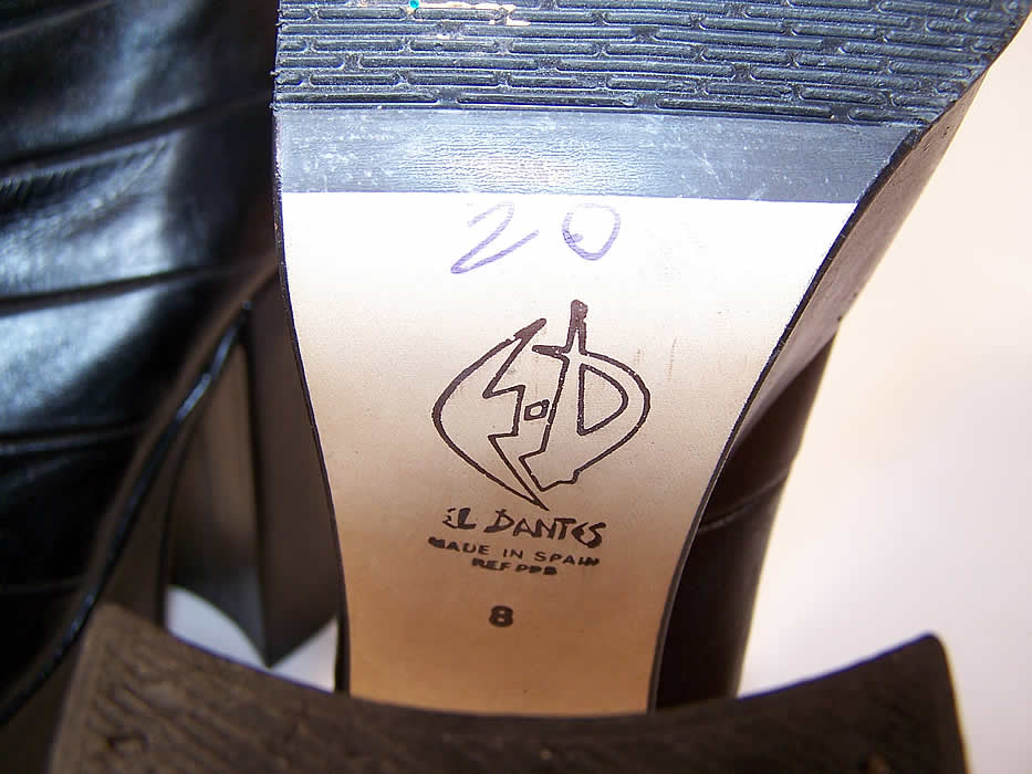 Vintage El Dantes Pleated Black Leather Platform High Heel Disco Ankle Half Boots close up label on sole