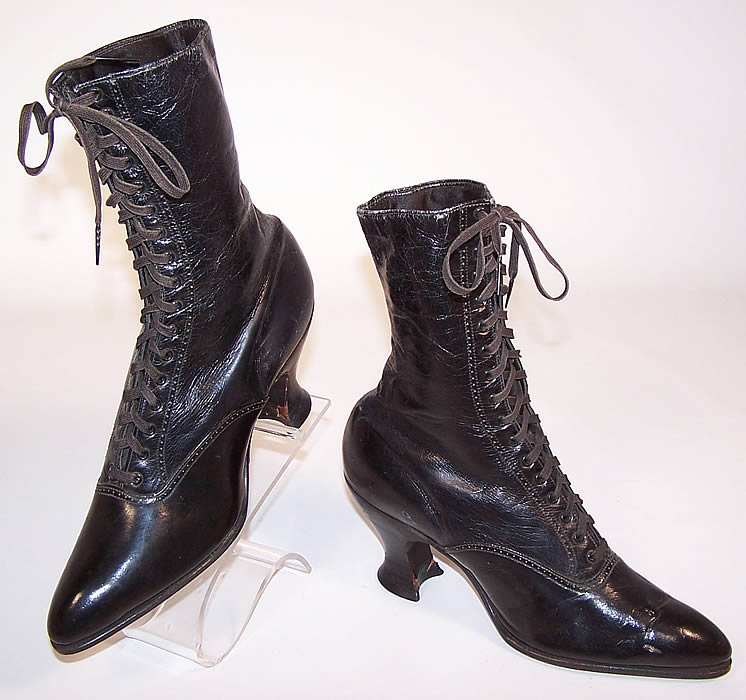 Unworn Victorian Philbern Shoes Black Leather High Top Lace-up Boots