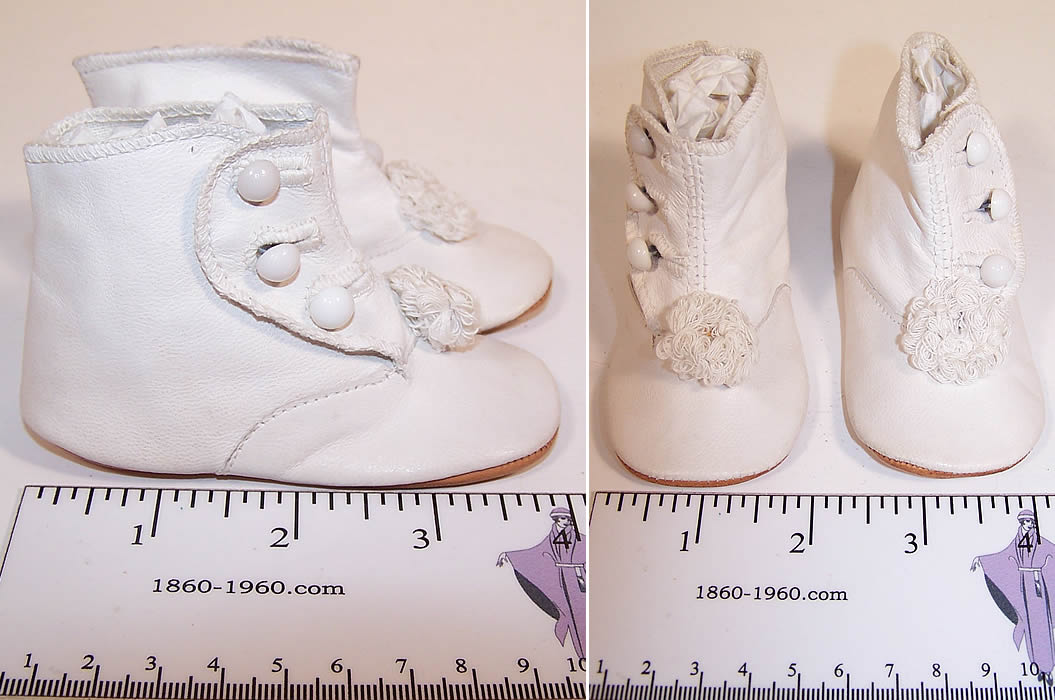 Unworn Edwardian White Kid Leather Pompom Button Baby Boots Child Shoes front & side view