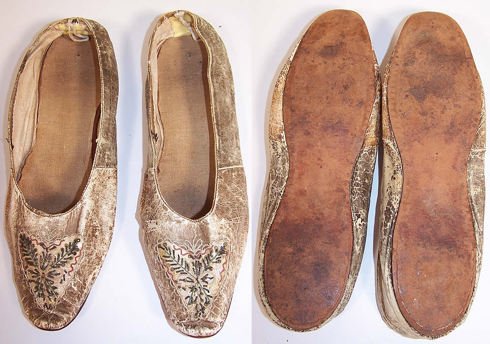 Victorian Kid Leather Sequin Beaded Embroidered Flats Straight Sole Shoes