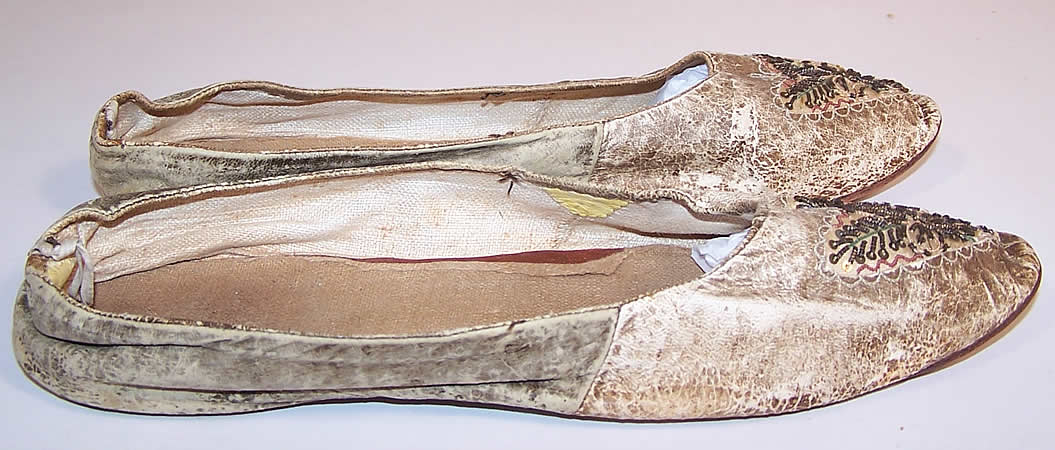 Victorian Kid Leather Sequin Beaded Embroidered Flats Straight Sole Shoes side view.