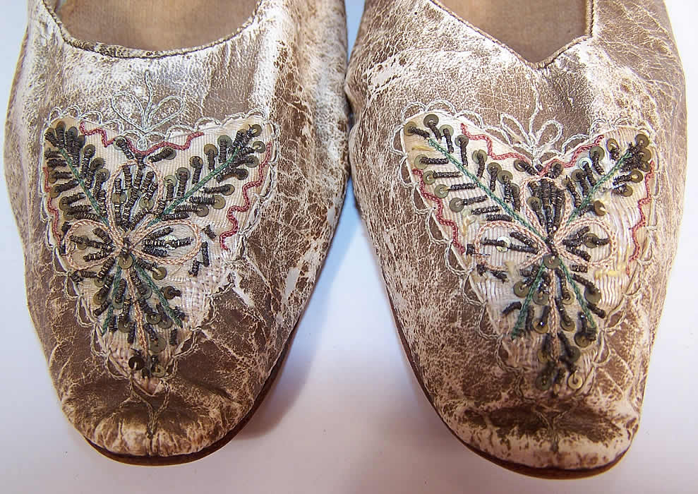 Victorian Kid Leather Sequin Beaded Embroidered Flats Straight Sole Shoes close up