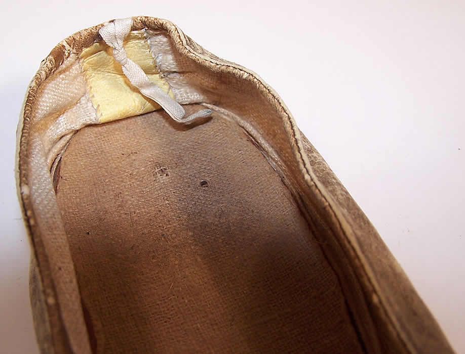 Victorian Kid Leather Sequin Beaded Embroidered Flats Straight Sole Shoes inside close up.