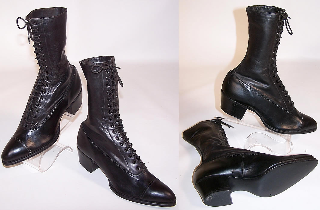 Unworn Women's Vintage Victorian Black Leather High Top Lace-up Boots 2 views