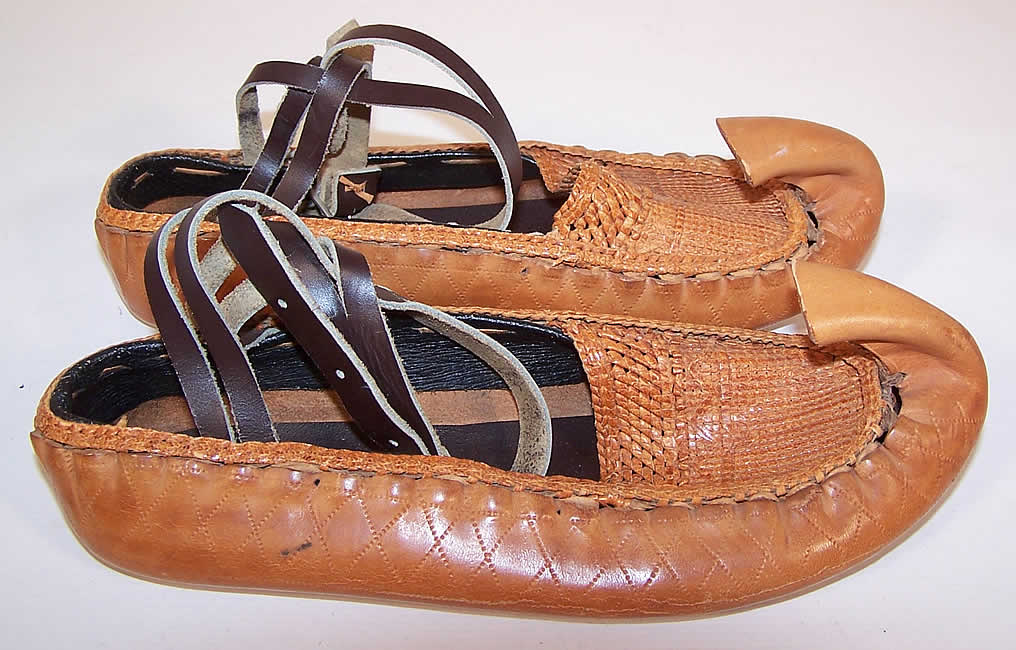 Vintage Ladies Serbian Opanak Curled Horn Toe Leather Peasant Folk Shoes side view.