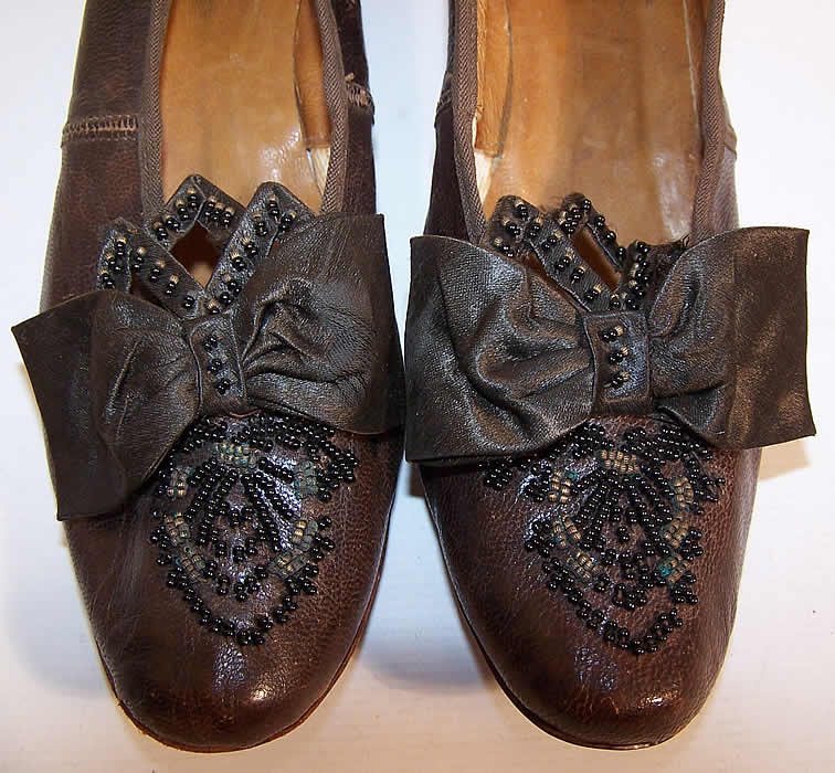 Victorian Civil War Era Brown Leather Beaded Bow Louis Heel Shoes close up.